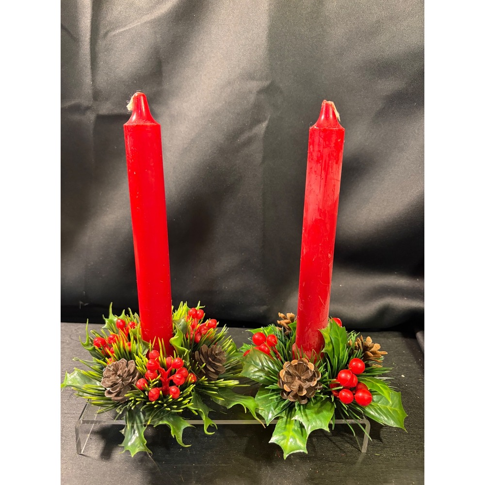 Vintage Christmas Holly Berry Pinecone Candle Rings with Red Taper Candles Set
